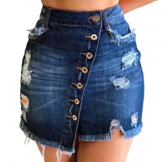 Denim Skirt High Waist Ripped Holes