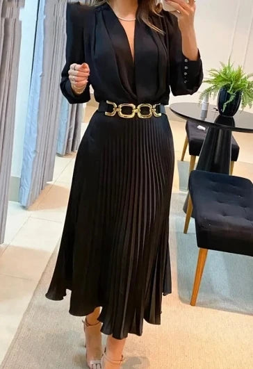 Loose Long Sleeve Sexy Deep V-Neck Pullover Pleated Dress