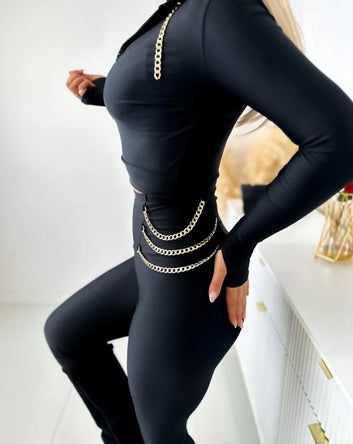 Long Sleeve Hooded & Chain Decor Skinny Pants