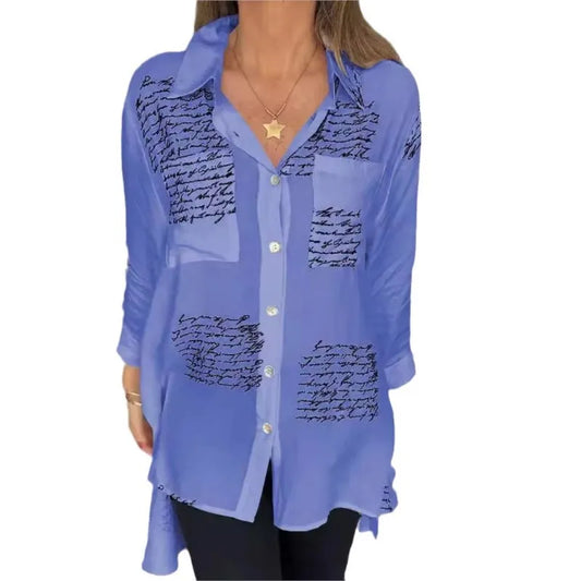 Letter Print Lapel Blouses Loose Tops