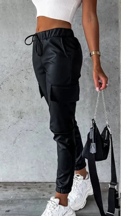 Elastic Waist Pocket Leather Pants