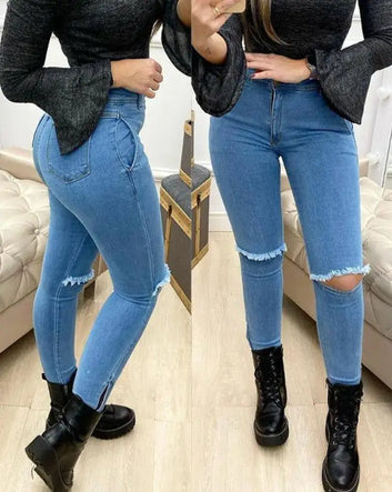 Cutout Ripped Skinny Jeans Pocket High Waist