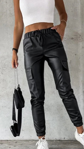 Elastic Waist Pocket Leather Pants